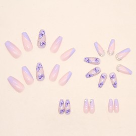 Press on Nails Square Medium Length, Artificial Acrylic Fake Nails with Purple Butterfly Design Full Cover Reusable Coffin Shaped False Nails, DIY Stick on Nails for Women, Glue on Nails for Nail Set