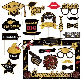 Class of 2025 Graduation Photo Booth Props, 22 Pieces Black Golden Funny Graduation Party Selfie Props Photo Frame for Congrats Grad Party Favors Supplies