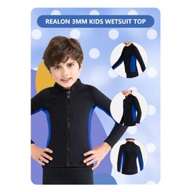 REALON Kids Wetsuit Top Jacket for Toddlers Boys Girls 3mm Neoprene Long Sleeve Front Zipper Thermal Wet Suits Keep Warm Swimwear for Surfing Swimming Surfing Boating