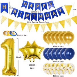 First Birthday Decorations Boy Girl, Gold and Blue One Year Old Birthday Decorations with Happy Birthday Banner, Triangle Flags, 40In Number 1 Birthday Balloons, Star Balloons and 18Pcs 12In Balloons