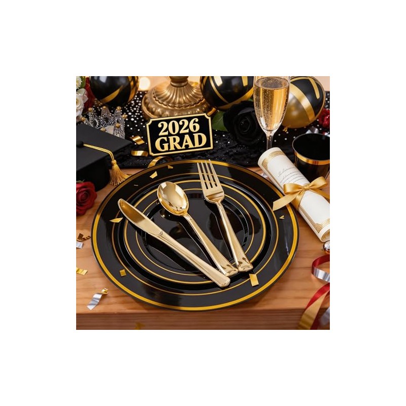 WELLIFE 210PCS Black and Gold Plastic Plates - Plastic Dinnerware