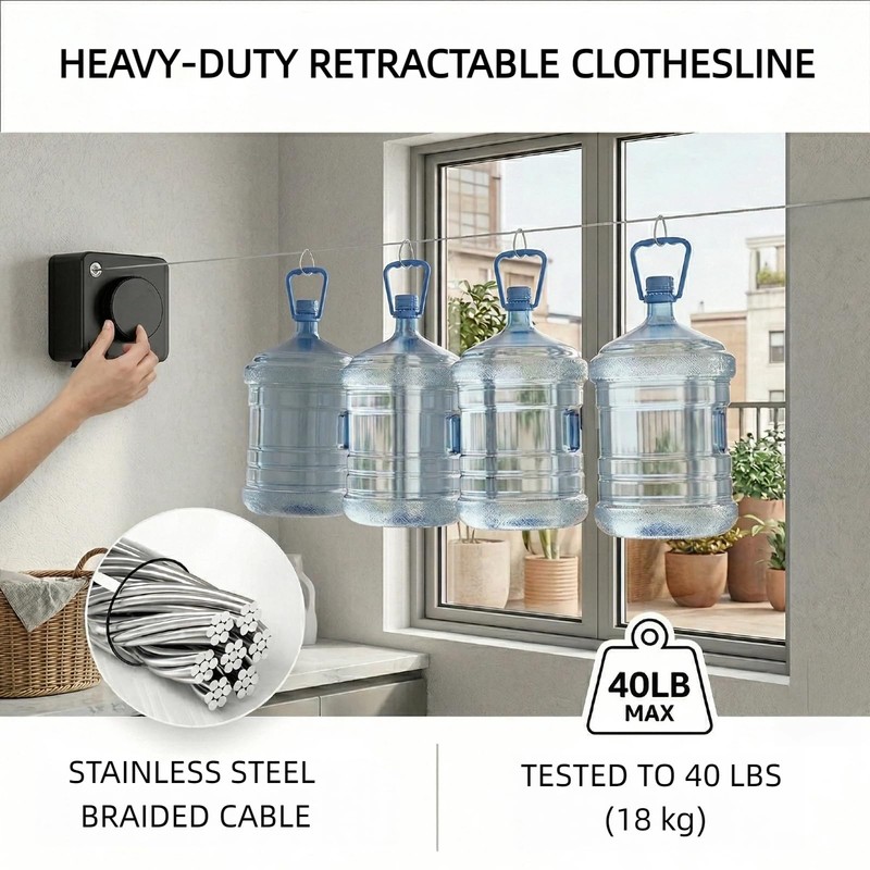 15.7 Ft Retractable Clothesline Indoor/Outdoor – Stainless Steel Retractable Clothes