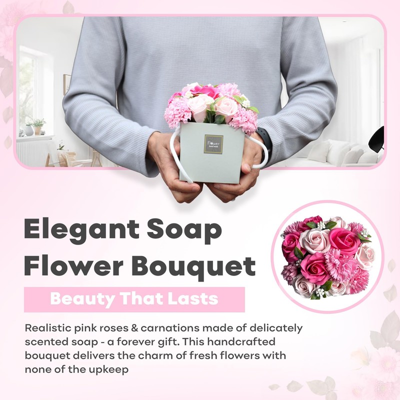 SEZHN Soap Flowers Bouquet Pink Rose and Carnations - Mothers