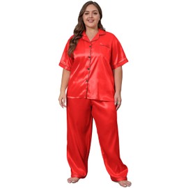Vozanet Women's Plus Size Button Down Pajama Sets Satin Silky Short Sleeve Top & Pants Sleepwear Loungewear Nighty XL to 5XL 2pcs Ladies V Neck PJS Jammies, Bright Red, 5X-Large