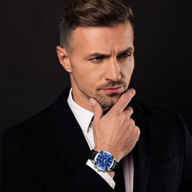 Silverora Watches Men's Chronograph Date: 3ATM Waterproof Three Eyes Analogue Quartz Men's Watches Multifunctional Luminous Calendar Wrist Watches with Genuine Leather Gifts for Men, Blue black,