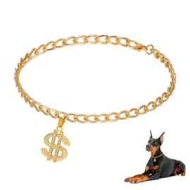 Q.Y.HOME Gold Dog Chain Diamond Crystal Dollar Sign Pendant Collar Walking Metal Chain Necklace Pet Cuban Style Collar Jewelry Accessories (Bring Jewelry Box) for Small Medium Large Dog Cats(M)
