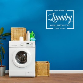 Vinyl Wall Art Decal - Self Service Laundry - 20" x 29" - Trendy Funny Lovely Quote Sticker for Home Bathroom Laundry Room Washing Space Laundry Business Storefront Decor (White)