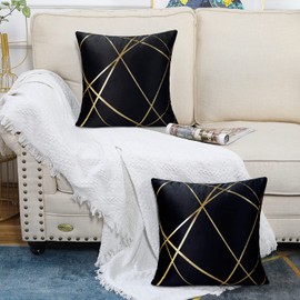 DecorMommt Velvet Cushion Cover Black 16 x 16 Inch Decorative Throw Pillow Covers Gold Lines Square Geometry Pattern Cushion Case Soft Home For Living Room Bedroom Pack of 2