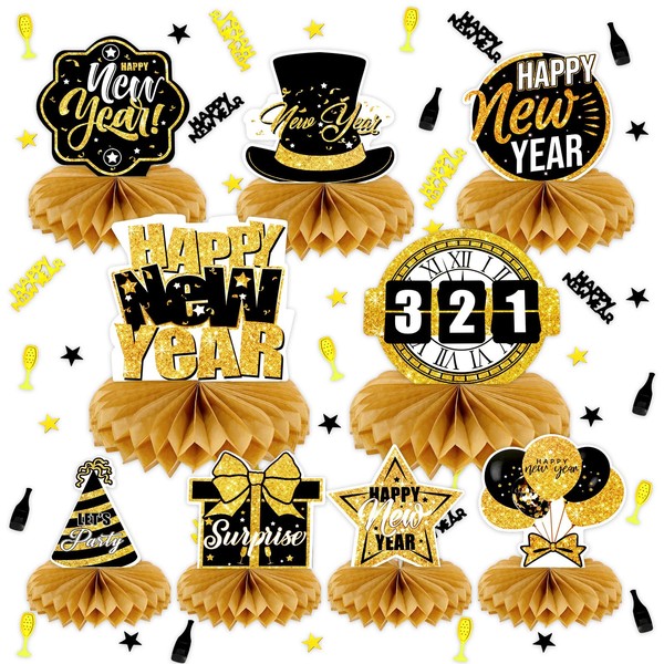 DPKOW 2024 New Year Honeycomb Centerpieces New Year Eve Table Decorations, 9pcs Black Gold New Year Table Toppers for 2024 New Year Eve Party Decoration Supplies, with New Year Party Confetti