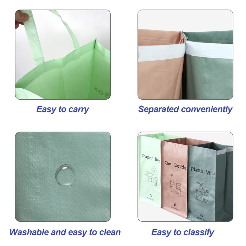 3 Packs Recycling Bags Pink,Green,Gray with handle Separate Sorting Organizer