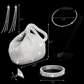 Mezchi 5 Pcs Rhinestone Silver Jewelry Set, Shiny Silver Clutch Purse for Women, Silver Necklace Set, Wedding Jewelry, Bling Necklace Earrings Bracelet Ring for Women