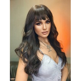 ISHINE Wigs for Women, Long Wavy Curly Colored Wigs with Bangs, Black Brown Synthetic Wigs for Daily Cosplay Party Replacement Wig 24 inches