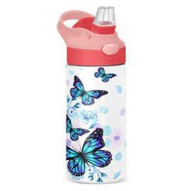 Boccsty Flower Blue Butterfly Kids Water Bottle with Straw Lid Insulated Stainless Steel Reusable Tumbler for Boys Girls Toddlers 12 oz