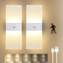 DTIEDY Set of 2 Battery Operated Wall Sconce 10.6in/4.5W Wireless Motion Sensor Wall Light with Switch 2 Mode Dimmable Rechargeable Magnetic LED Wall Lamp for Hallway Bedroom Living Room, Warm White