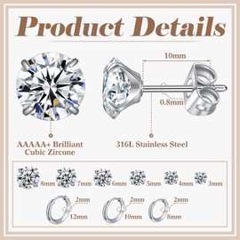 FANCH Silver Earrings for Women Men Earrings Set Surgical Steel 14K Gold Plated Hypoallergenic Cubic Zirconia Stud Earrings 3-8mm Small Sleeper Huggie Lightweight Cartilage Hoop Earrings Silver