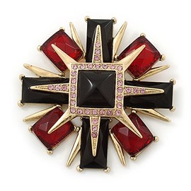 Victorian Style Black/Red Resin Stone Layered Cross Brooch In Gold Tone Metal - 75mm Across