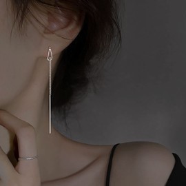 Inateannal Long Tassel Threader Earrings Silver Threader Chain Earrings Bar Threader Chain Drop Earrings Teardrop Threader Dangle Earring Jewellery for Women and Girls, Zinc, No Gemstone