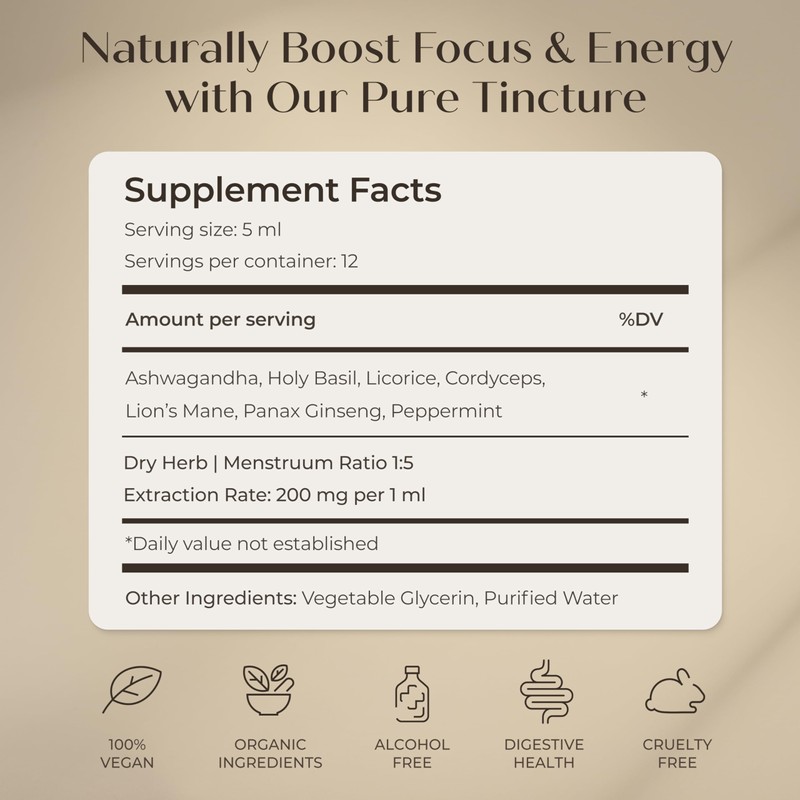Herbity Focus & Energy Natural Mushroom Tincture - Adaptogenic Mushroom