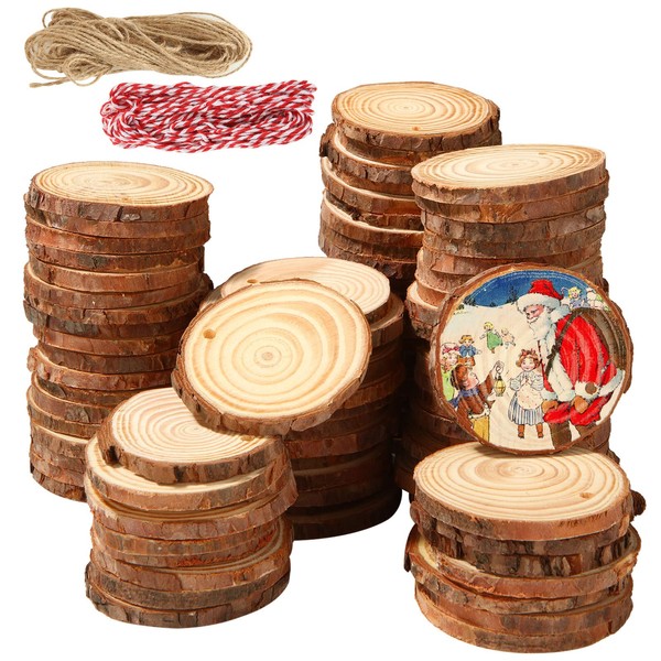 Oungy 100 PCS Natural Wood Slices with Holes 2.4-2.8 Inch