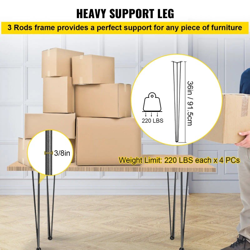 4Pc Set 36 In Black Hairpin Table Legs Heavy Duty