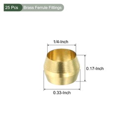 YOKIVE 25 Pcs Brass Ferrule Fittings, Compression Sleeves Ferrule Ring Assortment Kits, Great for Air Water Tubes (Brass Tone, 1/4-Inch Hole ID)