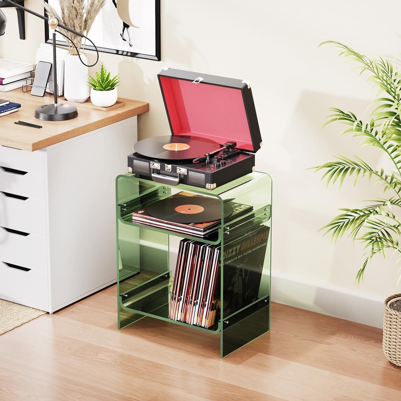 Acrylic Record Player Table with Storage Shelf, Clear Side Table