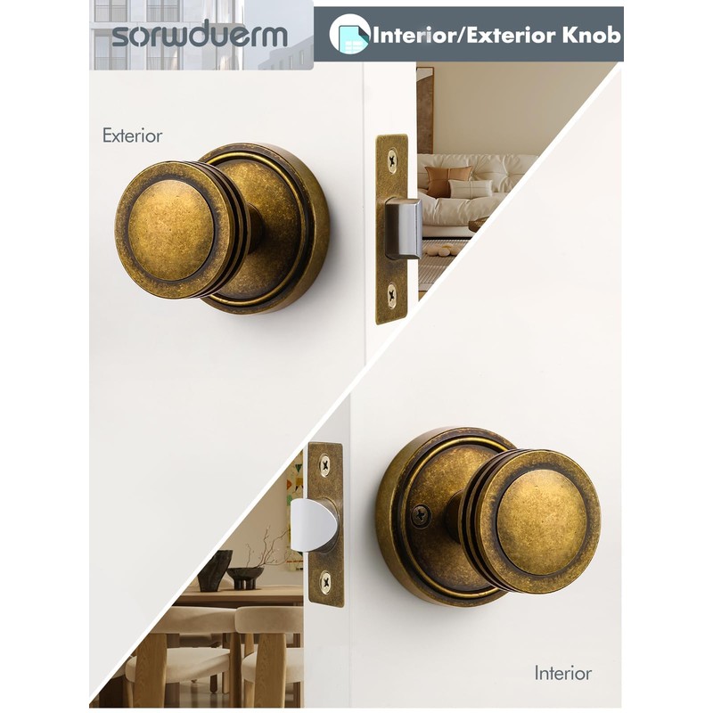 SORWDUERM 2 Pack Antique Brass Bronze Door Knobs Passage Door