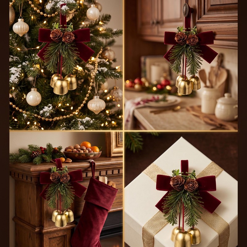 4 Pack Christmas Bow Ornaments with Jingle Bells, Pine Cone