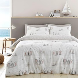 Fusion - Nautical Natural Duvet Cover - Single Bedding Size (140 x 200cm) - Reversible (2 Designs) - Seaside/Sailing Boats Duvet Cover - Natural & White Bedding with Coastal Theme - Beach Huts Bed Set