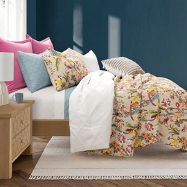 Lush Decor Dolores Reversible Cotton Quilt Set, 3 Piece Set, King, Neutral & Multi - Soft Tropical Bedding Set - Floral & Bird Quilt - Cottage, Maximalist & French Country Bedroom Decor