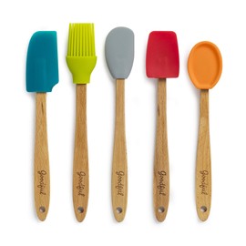 Goodful Silicone and Beechwood Mini Kitchen Utensil Set, Great for Cooking, Baking or Reaching Into Small Jars, Easy to Clean, Safe for Non-Stick Cookware, 3 Spatulas, Spoon, Basting Brush, Multicolor