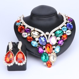 Women Bridal Rhinestone Crystal Statement Necklace Earring Wedding Dress Jewelry Sets (Colorful)