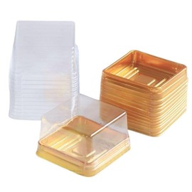 Paquete de 50 cajas de plástico con cubierta transparente dorada, caja de magdalenas, caja de pastel de luna, pastel de frijol mung, caja de nieve Mei Niang (parte inferior de 2 pulgadas x alto de 1-1/2 pulgadas)