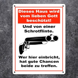 Metal Sign XXL 28 x 38 cm "Dieses Haus wird von Gott beschützt und einer Schrotgunte Warnschild für Diebe" Front Door Shotgun Theft Repel Protection Shield Protection Against Burglary