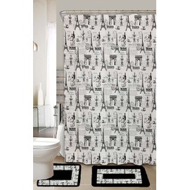 Luxury Home Fashion 15 Piece Bathroom Set!! 2 Bath Mats Poly Acrylic Pile Rubber Backing, 1-Fabric Shower Curtain, 12-Fabric Covered Rings. (Paris)