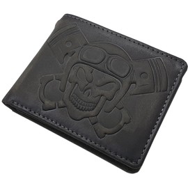 myledershop Genuine Buffalo Full Leather Wallet / Purse / Wallet in Landscape Format with 3D Skull Embossing and RFID & NFC Protection, 3D skull embossing/vintage grey, American