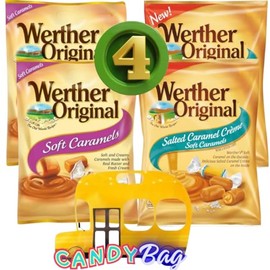 (PACK OF 4) Werther Salted Caramel Creme and Soft Caramels Candies - 2 Bags of Each - Comes With One Bus Resealable ZipBag (Salted+Soft)