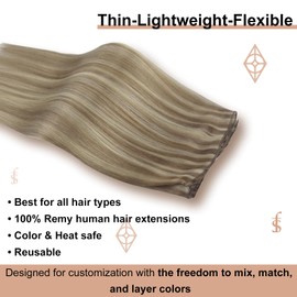 Full Shine Genius Weft Hair Extensions Sew In Hair Extensions 20 Inch 60G Hand Tied Weft Extensions Soft Straight Hair Weft Human Hair Color Light Brown Highlight Platinum Blonde