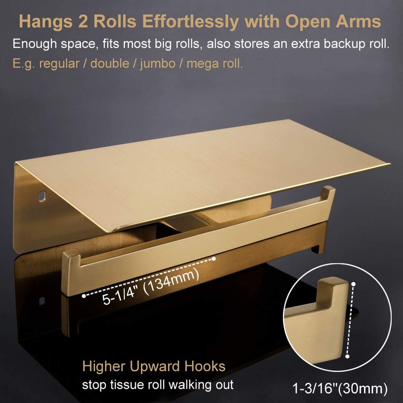 Double Toilet Paper Holder with Shelf Brushed Gold, APLusee SUS
