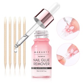 Makartt Nail Glue Remover for Press on Nails: Quick Debonder with 5 wooden sticks, Easy with a Dropper,Updated Formula with Vitamin E, Acetone-free, Hema-free, For Fake Nails,Semicure Stickers,10 ml