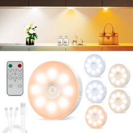 ALLTHWO Led Under Cabinet Lighting,1000mAh Rechargeable Puck Lights with Remote,3 Color Temps&Dimmable Motion Sensor Closet Lights Indoor,Under Counter Lights for Cupboard,Kitchen,Wardrobe,Stairs(6)