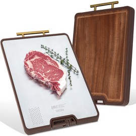 Titanium Stainless Steel Cutting Board for Kitchen, Acacia Wood Cutting Board, Ebony Colored Wood, Dishwasher Safe, Attached Knife Sharpener, Rubber Padded, Dual-Sided with Gold Handle, 15" x 11" x 1"
