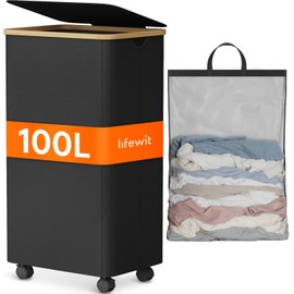 Lifewit 100L Laundry Basket with Wheels, Large Rolling Laundry Hamper with lid, Collapsible Bamboo Dirty Clothes Hamper with Handles & Removable Bag for Bathroom Bedroom Dorm, Black