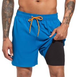 Men's Swim Trunks Quick Dry Beach Shorts with Compression Liner Swimming Shorts with Zipper Pockets Blue 2XL