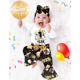 ADIFUN Baby Girl New Years Outfit 3-6 Months My First New Years Baby Girl Outfit 2025 White Long Sleeve Romper 2025 Fireworks Flared Pants Headband 4Pcs Set