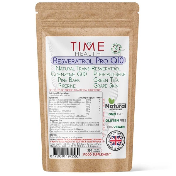 Resveratrol Pro Q10 Anti-Aging Formula , Trans-Resveratrol, Coenzyme Q10, Pterostilbene, Pine Bark, Green Tea, Grape Skin, Piperine, - Split Dose for Maximum Anti-Aging Benefits from Resveratrol and Q10 - UK Manufactured - Zero Additives - 60/120 Capsules