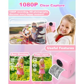 Kids Camera with Instant Function - 8x Digital Zoom 2.0 Inch Display Digital Camera for Kids with Storage Bag Children 3 to 12 Years (Pink)