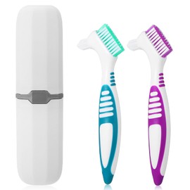 BOHUIZ 2pcs Denture Brush, Denture Cleaning Brush Set with White Carrying Case Denture Toothbrushes with Multi-Layered Soft Bristles and Rubber Anti-Slip Handle (Purple + Green)