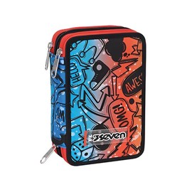 Seven Pencil Case, Pencil Case with 45 Pieces Pencils, Felt Tip Pens, Glue, Scissors, Stationery for Primary School, Painting and Writing, 3 Compartments, for Kids Boys Girls, School Gift, red / blue