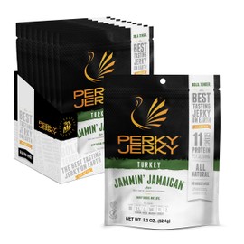 Perky Jerky Jammin' Jamaican Turkey Jerky, 2.2oz (Pack of 12) - Low Sodium - 10g Protein per Serving - Low Fat - 100% U.S. Sourced - Tender Texture